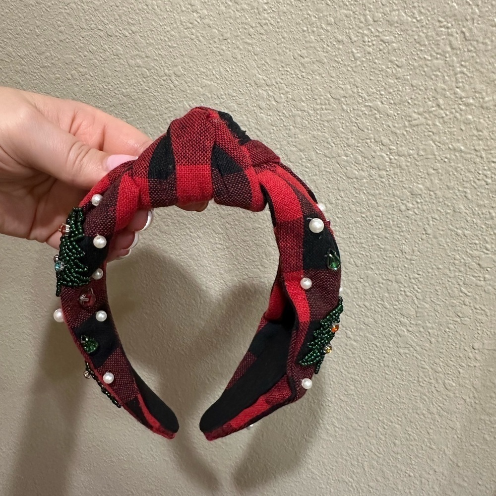 Plaid Red and Black Headband with Beaded Accents - Picture 4 of 5